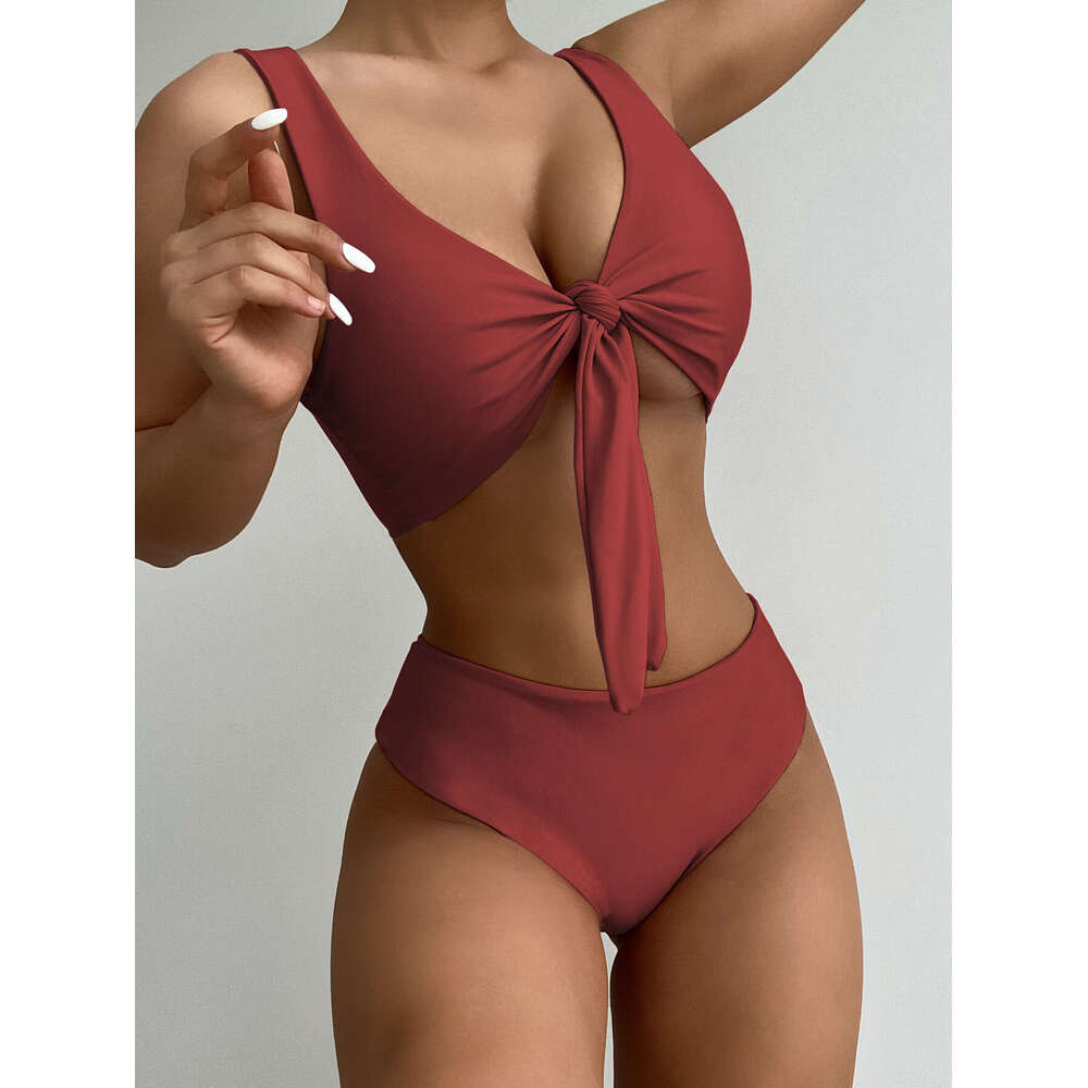 2023 New Swimsuit, Tight Fitting Backless Bikini, Women's Sexy High Waisted Solid Color Bikini