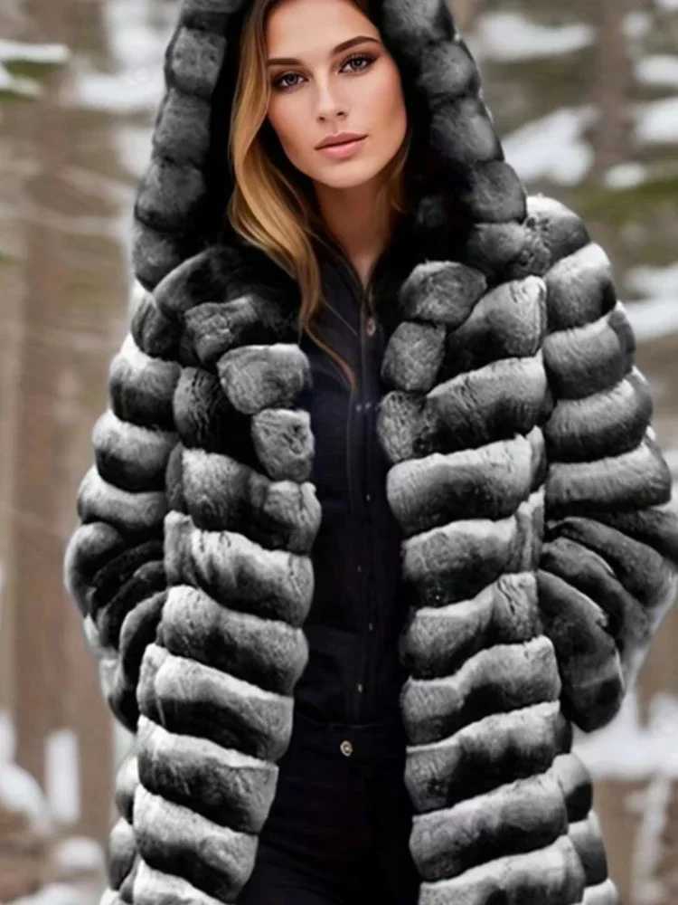 Womens faux fur coat hooded coat thick and warm elegant splicing autumn and winter 2024 striped mid length jacket casual open seam W241010