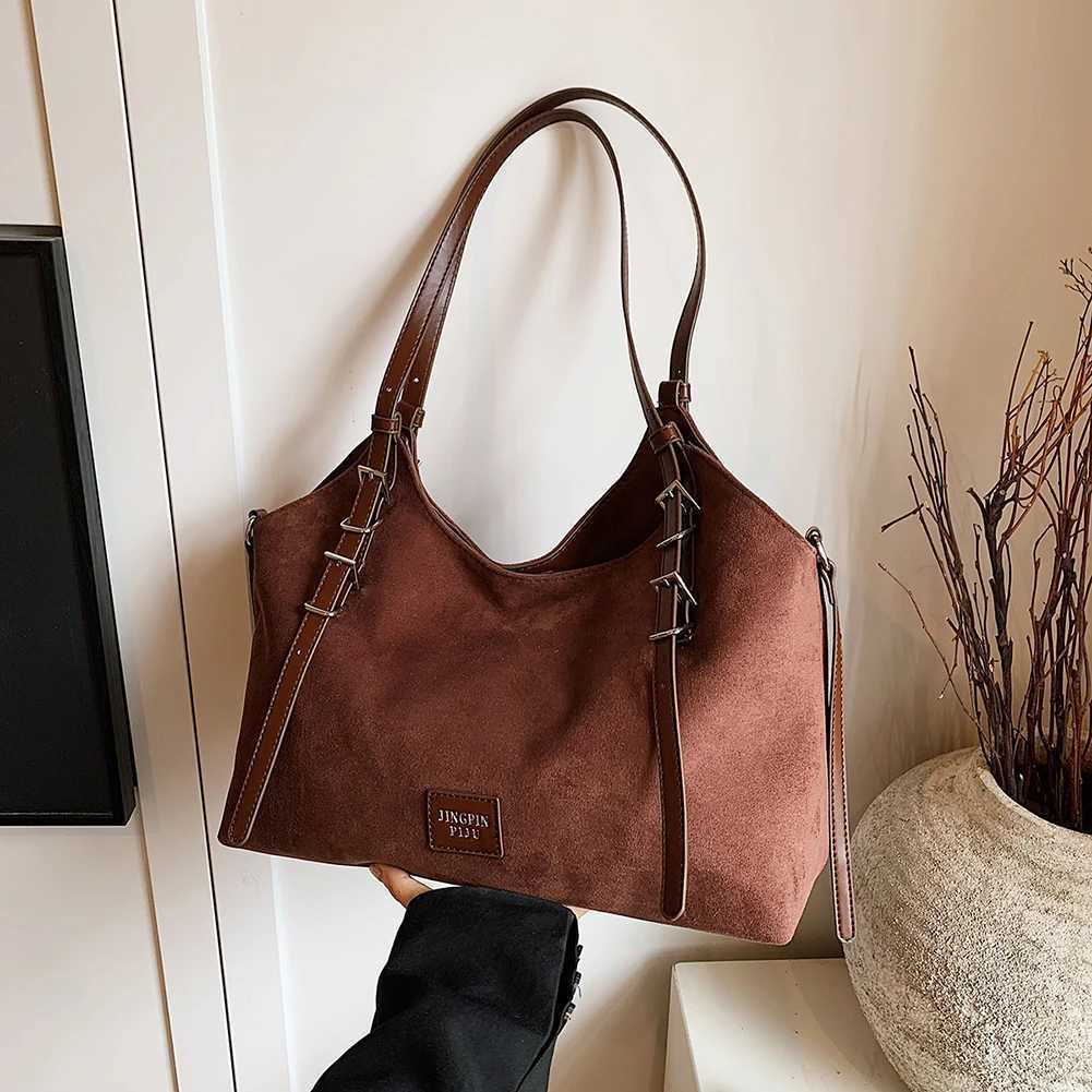 Ladies Suede Shoulder Bag with Adjustable Strap Underarm Large Capacity Top Handle Solid Satchel for Work Travel 241011