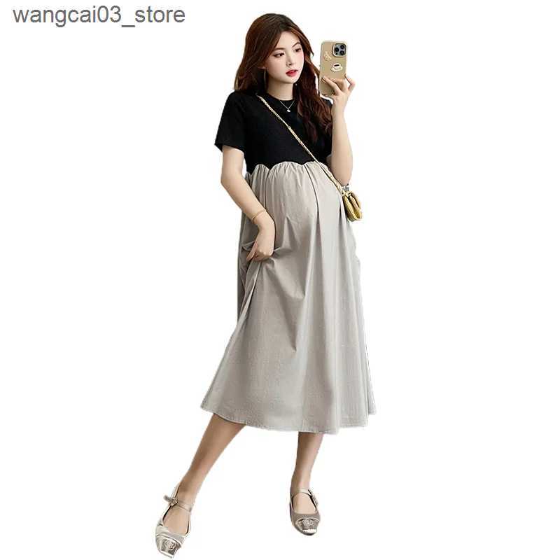 Maternity Dresses 2024 French Style Pregnant Women Elegant Dress Plus Size Long Sleeve O-Neck High Waist Maternity A-Line Dress Long Loose Clothes L24