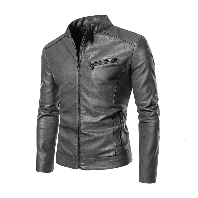 PU Casual Leather Jacket Men Fleece Motorcycle Biker Slim Fit Outerwear Solid Stand Collar Jackets 240930