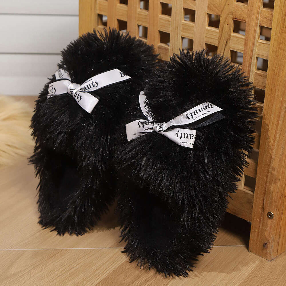 Women cotton slippers Velvet slippers Winter New Imitation Tan Sheep Long Hair Warm Women's Cotton Slippers Butterfly Knot Home Indoor