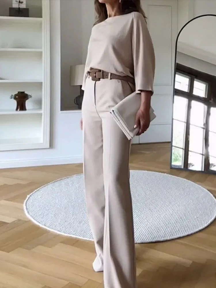 Two piece womens bat wing set top round neck zipper strap spliced glitter pants pocket regular casual sports 241008