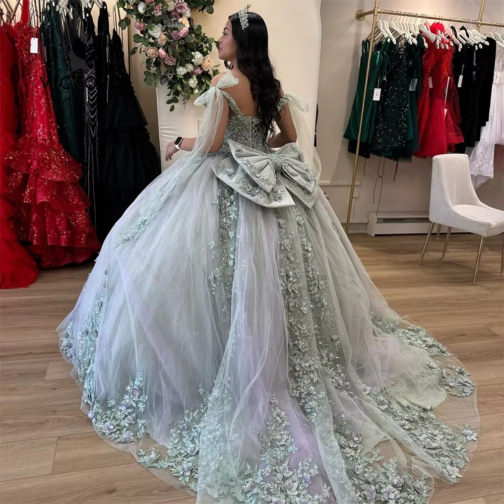 Sage Green Lace Applique Quinceanera Dress With Beaded Bow - Ball Gown For 2024 Prom, Sweet Sixteen, & Special Ocns