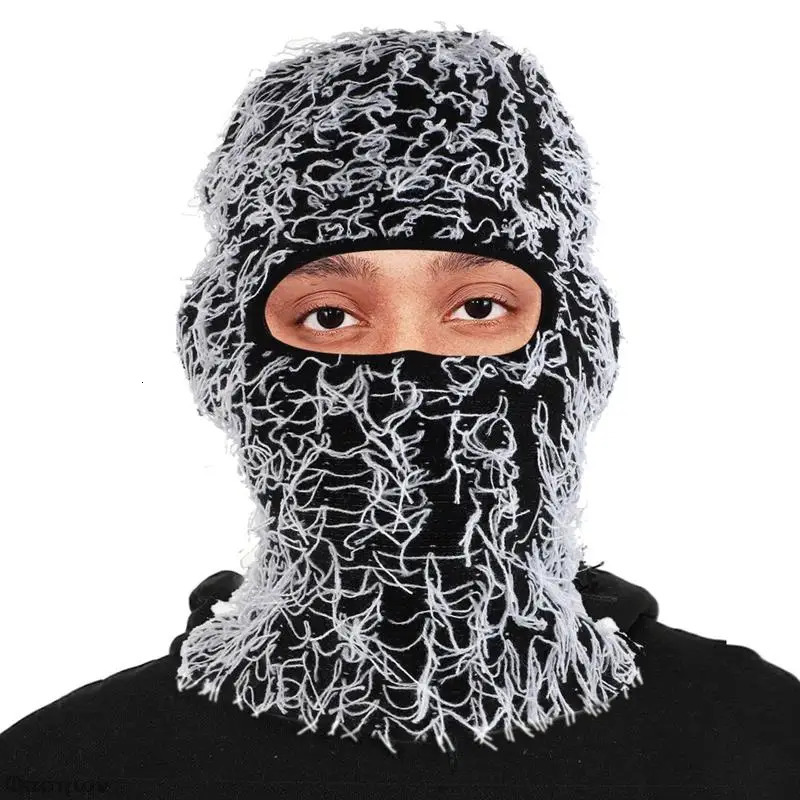 Hip Hop Balaclava Distressed Knitted Hat Full Face Ski Mask Mens Outdoor Camouflage Wool Beanies 241009