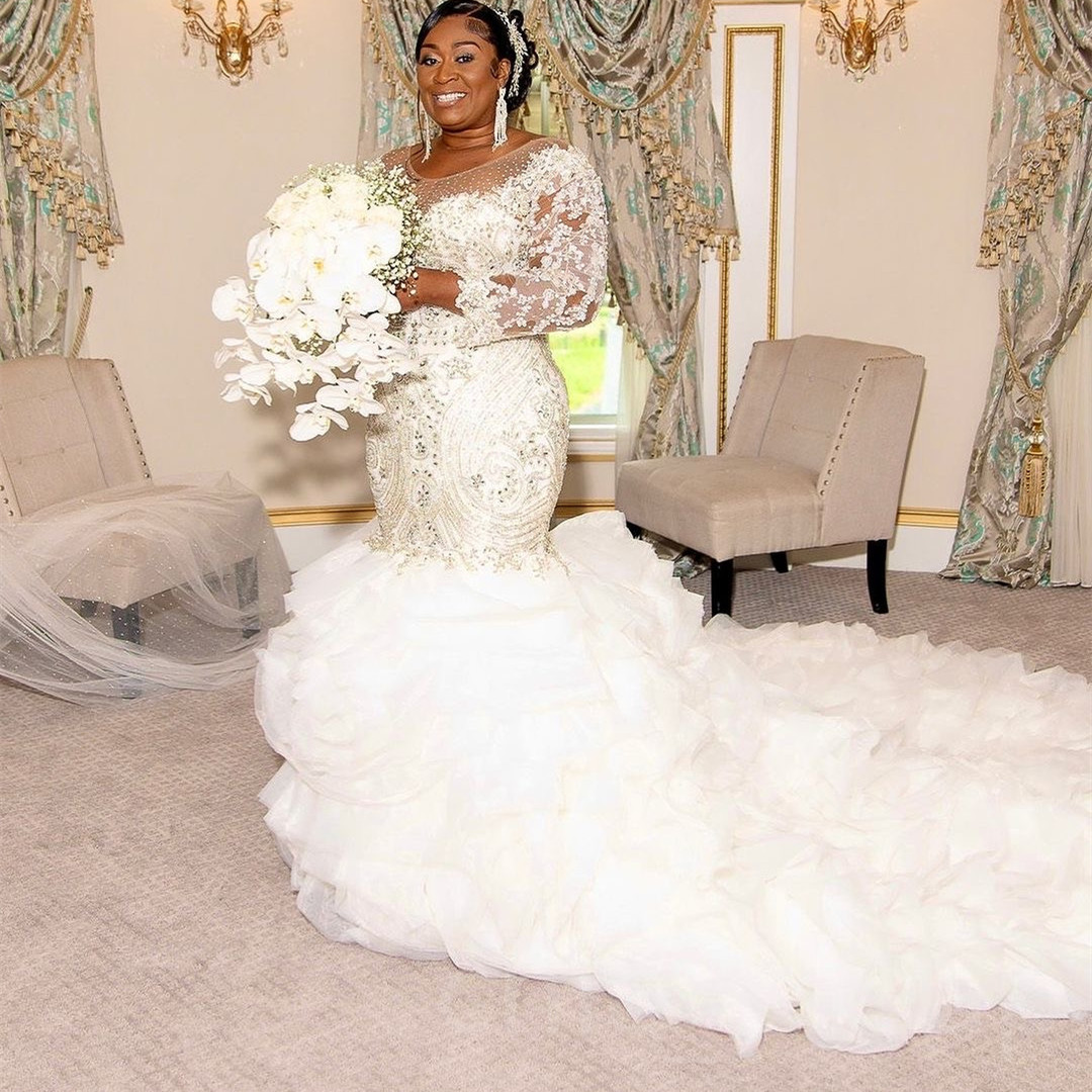 Aso Arabic Ebi Plus Size Ivory Mermaid Wedding Dresses Beaded Lace Full Sleeves Tiers Organza Vintage Elegant Bridal Gowns Dress ZJ