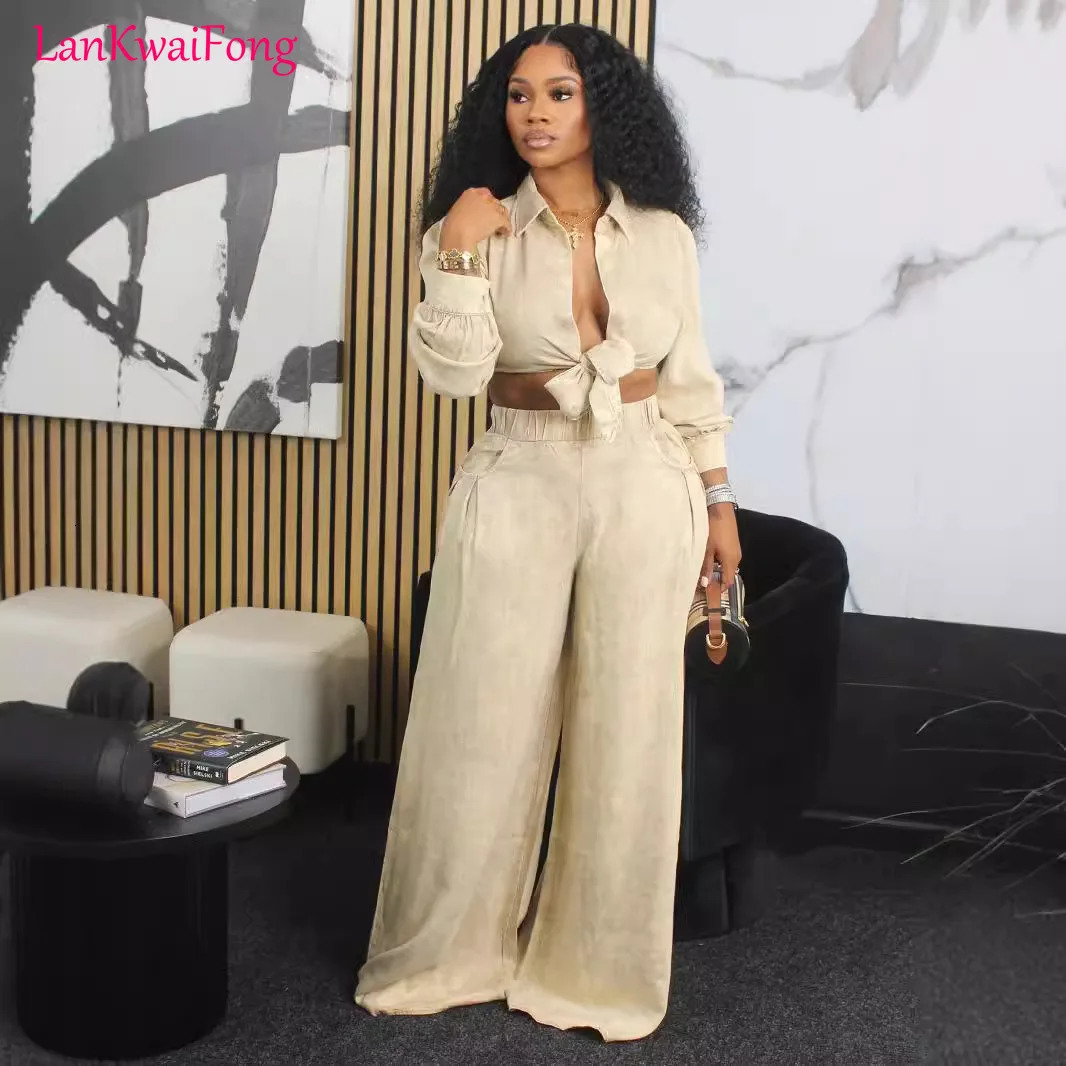 LKF Elegant Communicating Casual Womens Set Long Sleeve Collar Cardigan Belt Top Pocket Wide Leg Pants Two Piece 241008