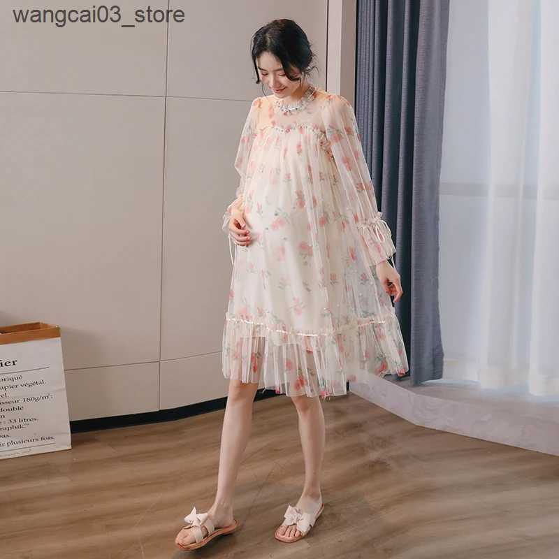 Maternity Dresses Summer Fashion Maternity Mesh Dress Elegant Long Flare Sleeve Beaded Drawstring Collar Pregnant Woman Fishtail Dress Mini Dress L240