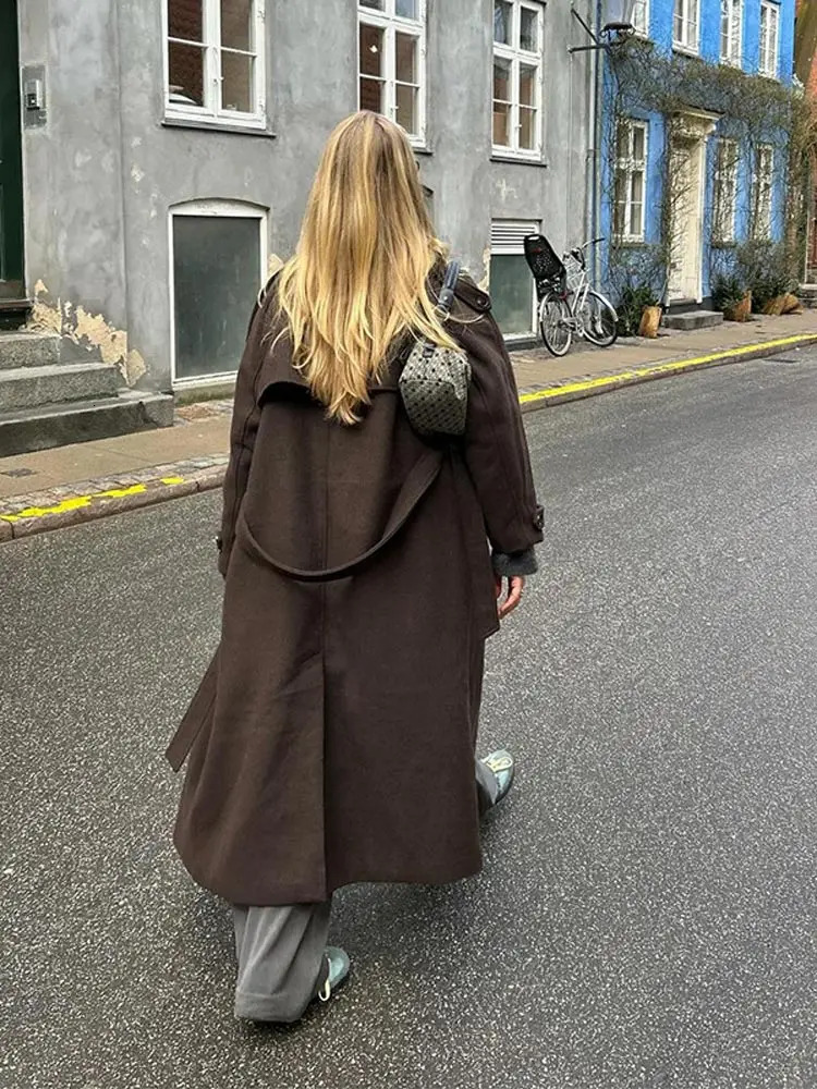 Elegant brown double-layer wool coat with belt womens long sleeved loose collar casual coat autumn warm business coat 241011