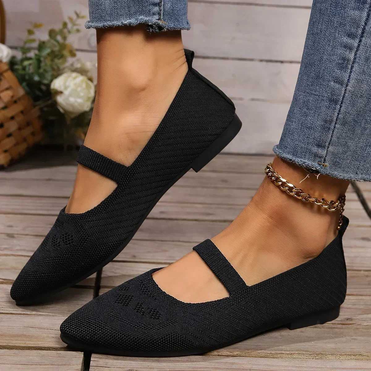 Womens Pointed Toe Flat Shoes Solid Color Knitted Shoes Casual Breathable Ballet Flat Shoes Zapatos Mujer 2024 Tendencia Y241011