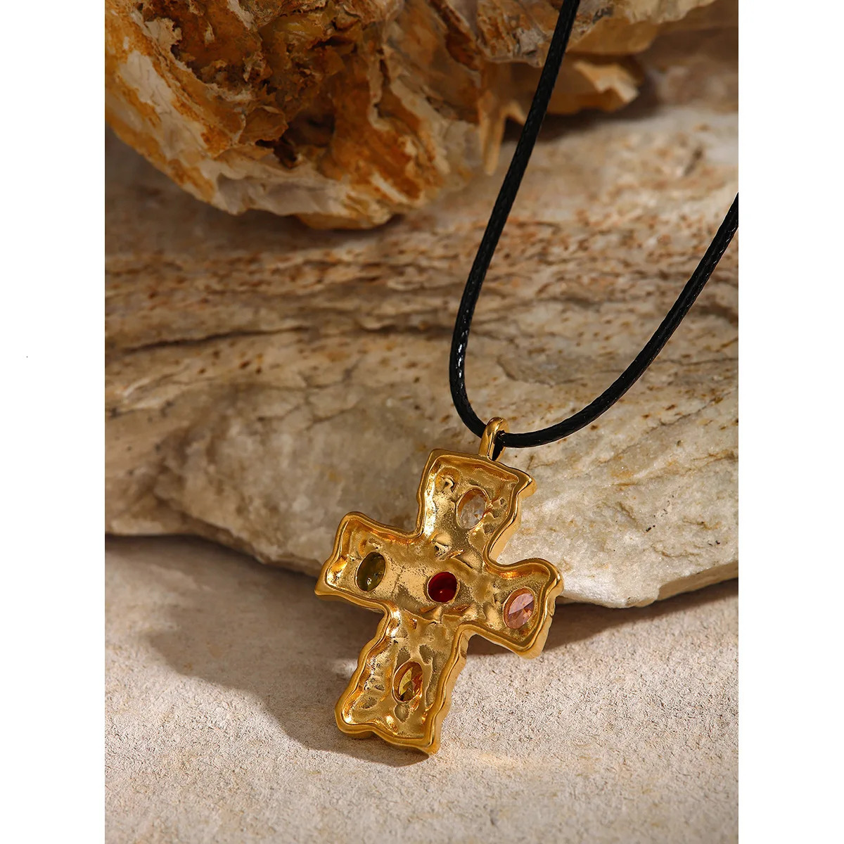 18K gold stainless steel pendant wax rope colored zircon/hammer cross set zircon necklace 240929