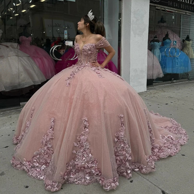 Luxury Pink Off Shoulder Quinceanera Dresses Ball Gown Appliques Lace Flower Beads Tull Sweet 16 Party Birthday Dress Lace-Up Vestidos 15 De Anos
