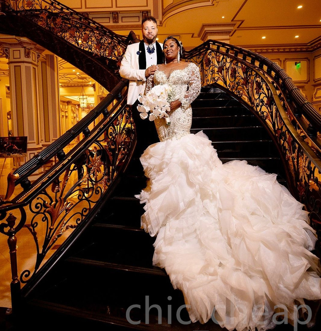 Aso Arabic Ebi Plus Size Ivory Mermaid Wedding Dresses Beaded Lace Full Sleeves Tiers Organza Vintage Elegant Bridal Gowns Dress ZJ