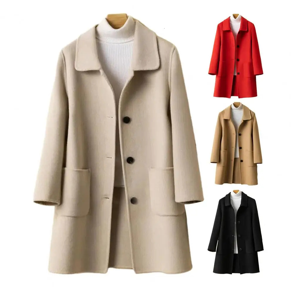 Womens wool coat for autumn and winter loose solid color thick cold resistant jacket single breasted lapel medium long sleeved 241011