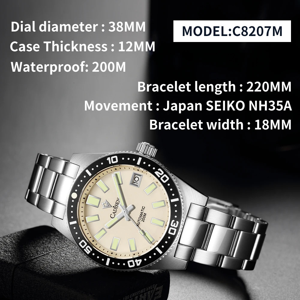 CADISEN 38mm Diving Mens Watch Japan NH35A Automatic Mechanical Sapphire Glass Date Light 200M Waterproof Watch for Men 241009