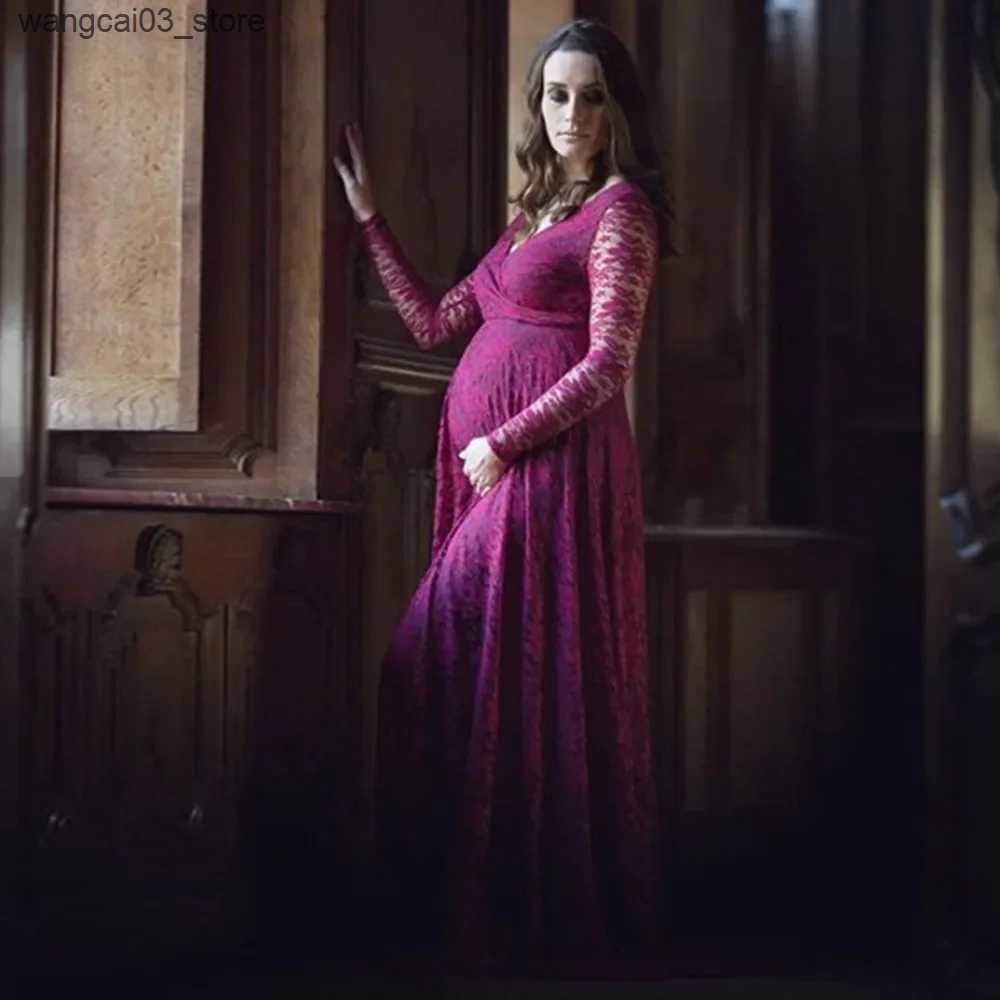 Maternity Dresses Red Wine V-Neck Long Sleeve Maternity Photography Props Maxi Pregnancy Clothes Lace Dress Fancy Shooting Photo Pregnan L240910