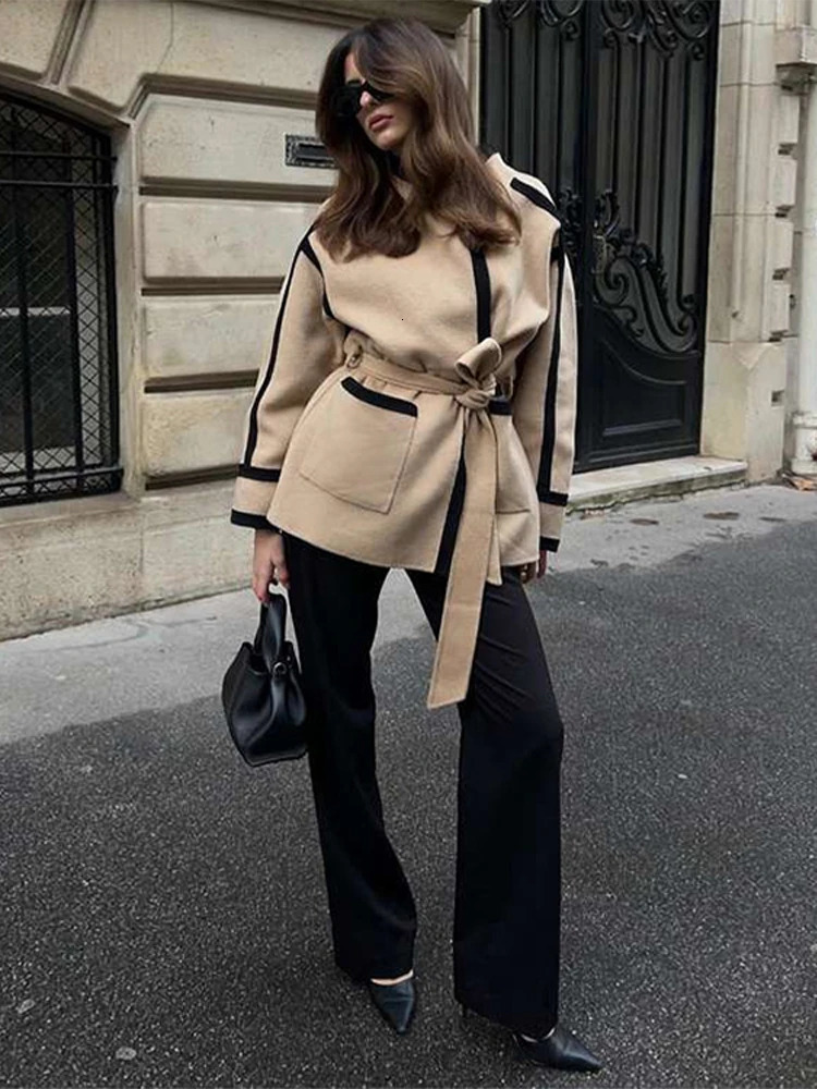Spliced Contrast Woolen Coat Women Long Sleeve Thicken Jacket with Belt Pockets 2024 Autumn Casual Ladies Outwear 240919