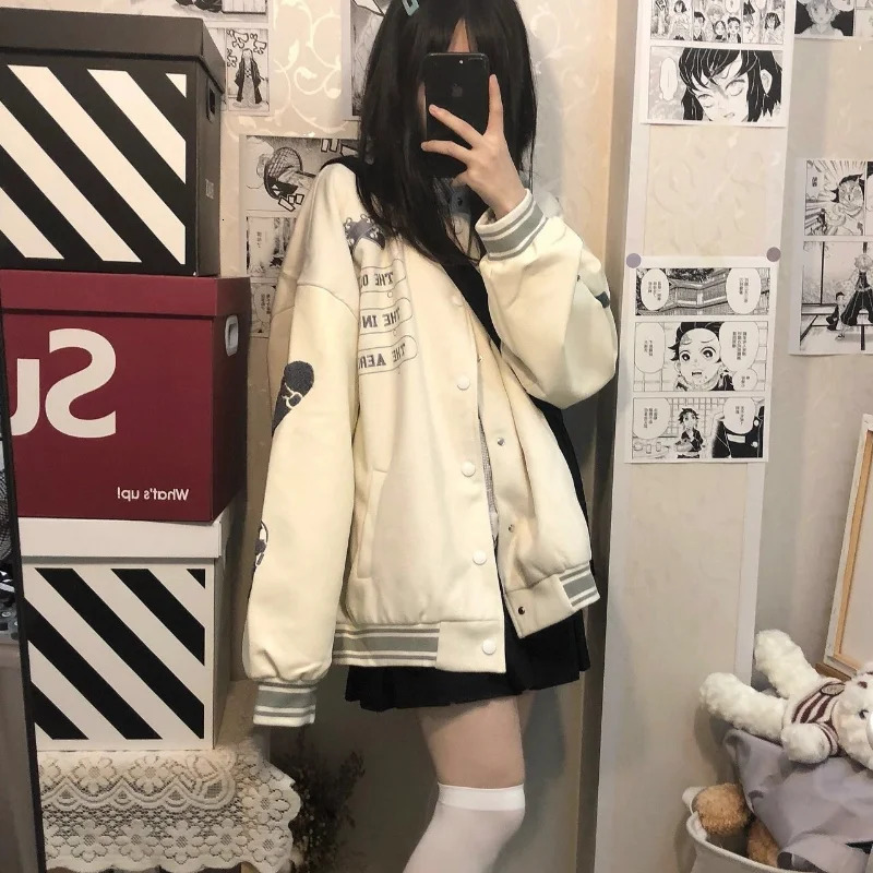 HOUZHOU Retro Y2K Baseball Jacket Womens Grunge College Oversized Bomber Jacket Harajuku Style Fashion Street Clothing 241011
