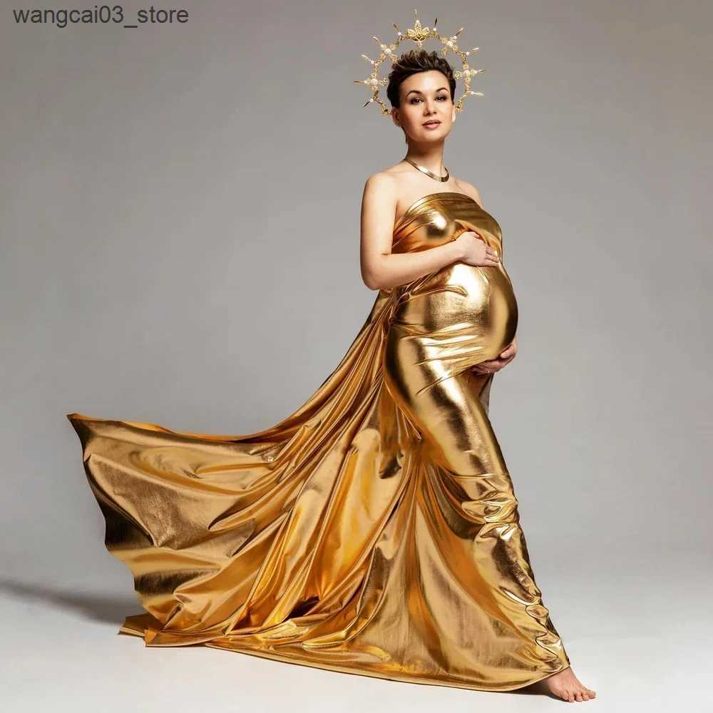 Maternity Dresses Golden Maternity Photography Props Wrap Cloth Dress Background For Photoshoot Of Pregnant Women Silver Shiny Stretch Fabric L240910