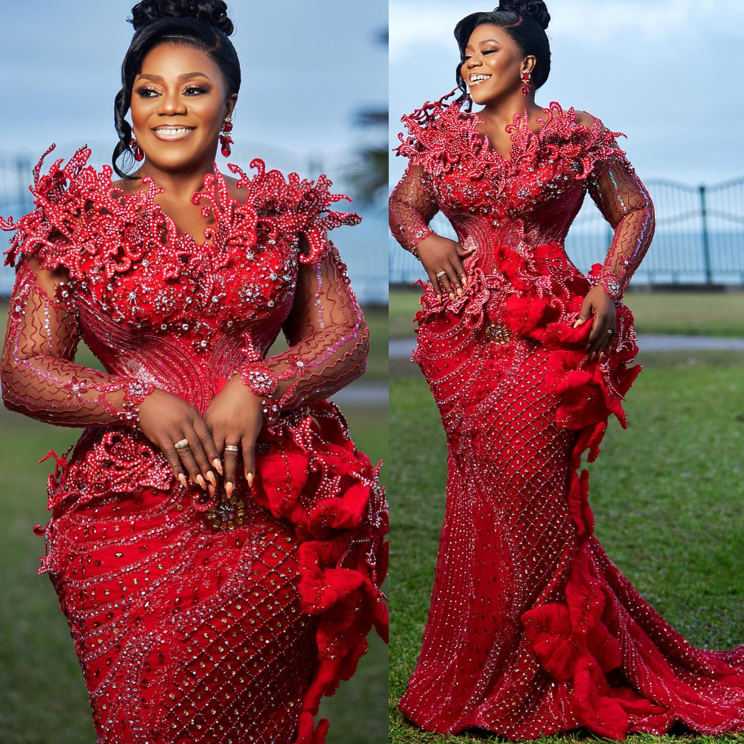 Aso Ebi 2025 Red Mermaid Prom Dresses Rhies rals Sequined Lace Evening Formal Party Second Reception Birthday Gowns Dress For Special Ocns