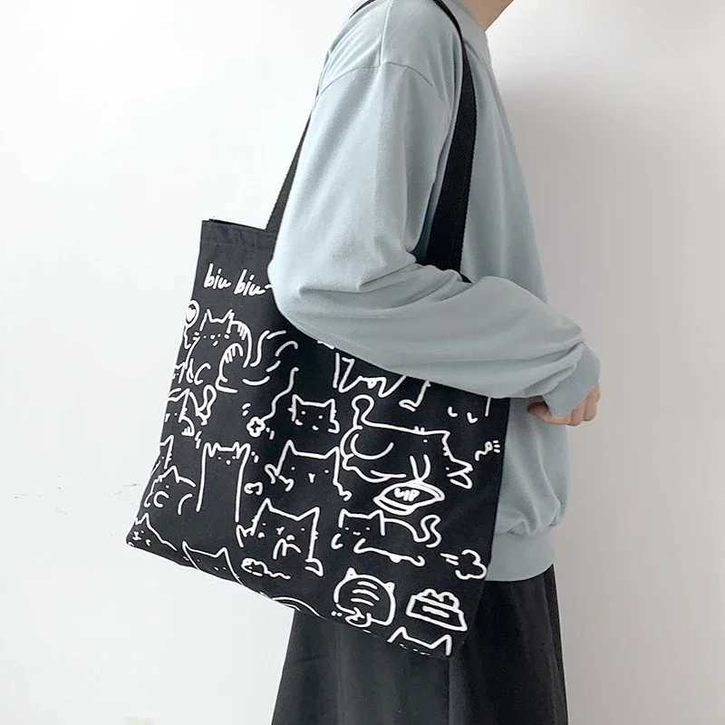 Womens canvas shopping bag environmentally friendly reusable foldable shoulder bag large capacity handbag casual and cute womens shopping bag Y241011
