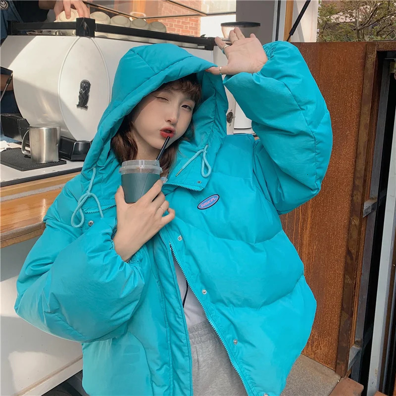 Blue hooded down jacket for women yellow fashionable American streetwear Y2K style duck down jacket for women winter short jacket 241009