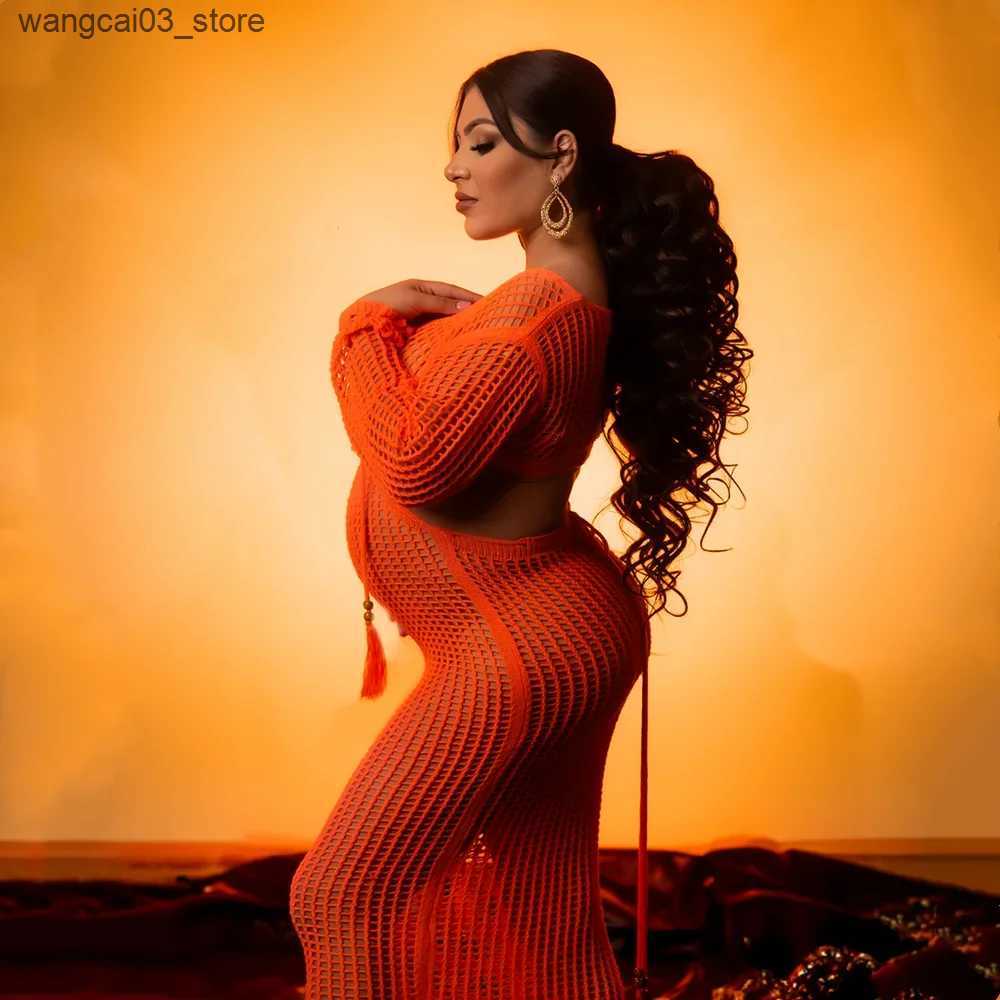 Maternity Dresses Fashion Sexy Pregnant Woman Photo Shoot Dress Orange Hollow Out Full Sleeve Maternity Photography Long Dress L240910