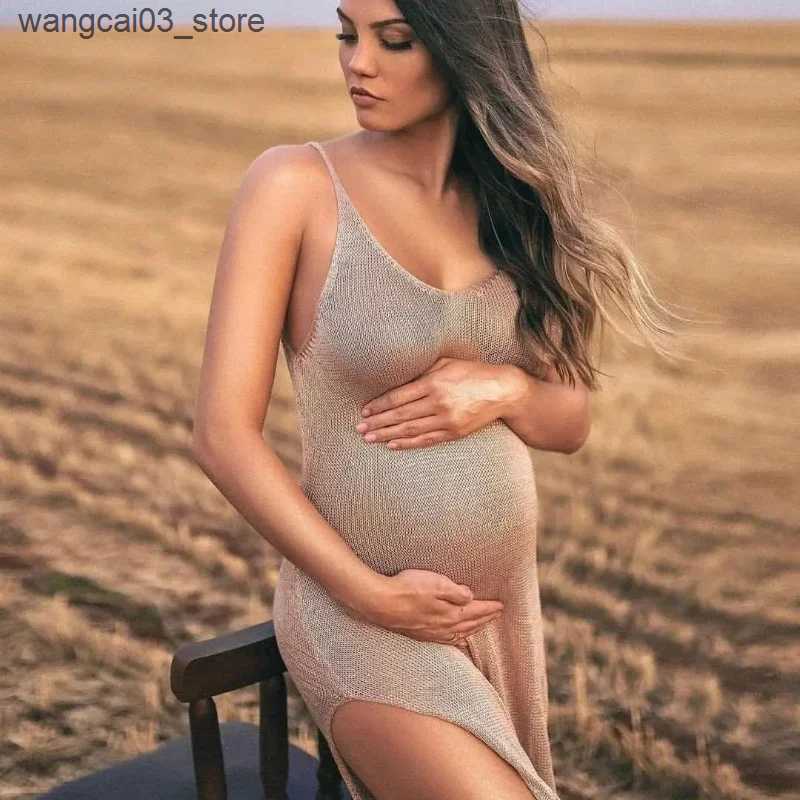 Maternity Dresses Knitted Maternity Photography Dresses Sling Pregnant Woman Baby Shower Dresses Photo Shoot Robe Clothing Props Accessories L240910