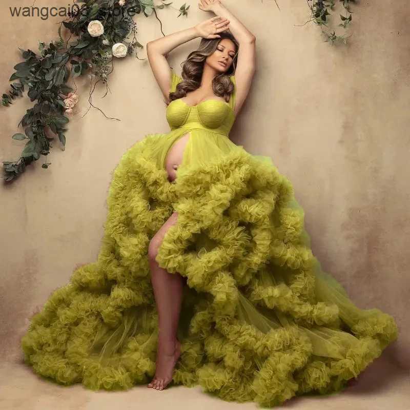 Maternity Dresses Romantic Off Shoulder Maternity Photoshoot Dress Front Slit Brown Tulle Prom Dresses Tiered Ruffles Boho Baby Shower Gown L240910