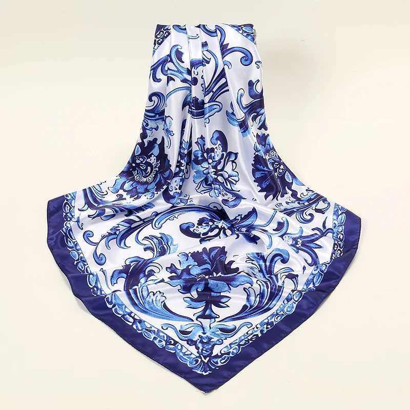 Bandanas Durag New Blue and White Porcelain Satin Silk Square Scarf Headscarf Printed Muslim Womens Headscarf Womens 2024 Headscarf 90 * 90cm J241010