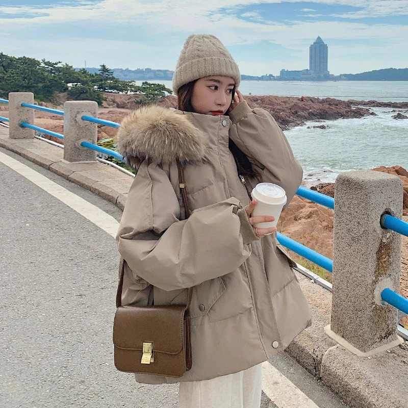 Khaki down jacket womens coat black hooded fashion American streetwear Y2K style duck down jacket womens winter short jacket 241009