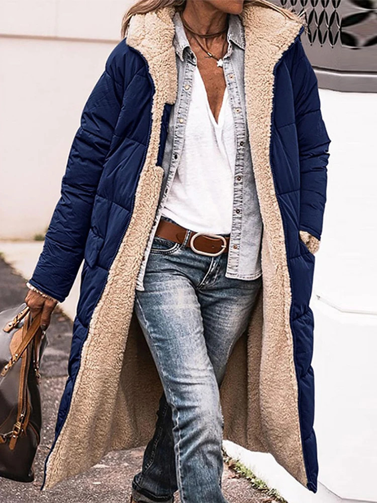 Womens cashmere lined bedding park jacket hooded sweatshirt long sleeved paddle jacket womens winter fashion womens clothing 241007