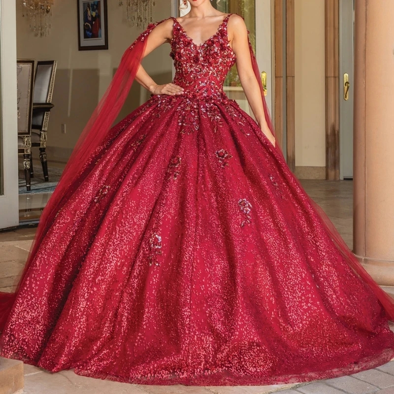 Red Shiny Off The Shoulder Ball Gown Quinceanera Dresses Appliques Lace Beads With Cape Birthday Party Vestido De 15 Anos Sweet 16 Dress