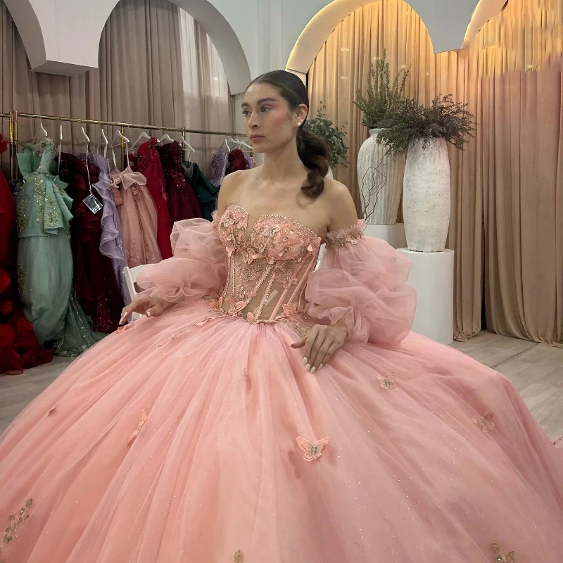 Pink Quinceanera Dresses Ball Gown Off Shoulder Sweet 16 Dress Bow Beads Tull Birthday Party Vestidos 15 De XV Anos