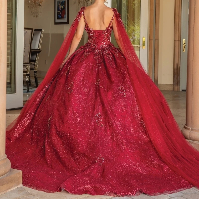 Red Shiny Off The Shoulder Ball Gown Quinceanera Dresses Appliques Lace Beads With Cape Birthday Party Vestido De 15 Anos Sweet 16 Dress