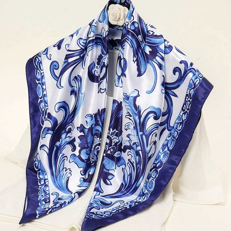 Bandanas Durag New Blue and White Porcelain Satin Silk Square Scarf Headscarf Printed Muslim Womens Headscarf Womens 2024 Headscarf 90 * 90cm J241010