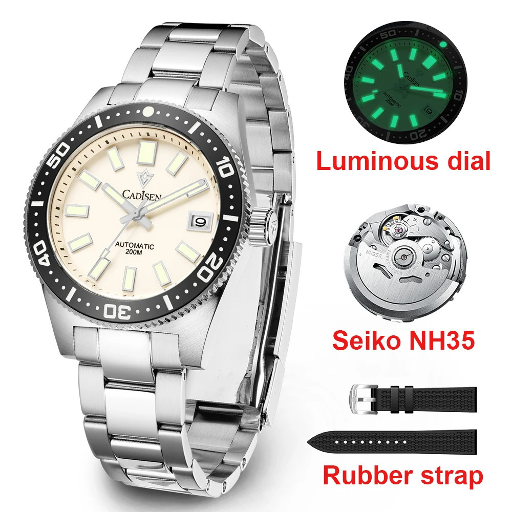 CADISEN 38mm Diving Mens Watch Japan NH35A Automatic Mechanical Sapphire Glass Date Light 200M Waterproof Watch for Men 241009