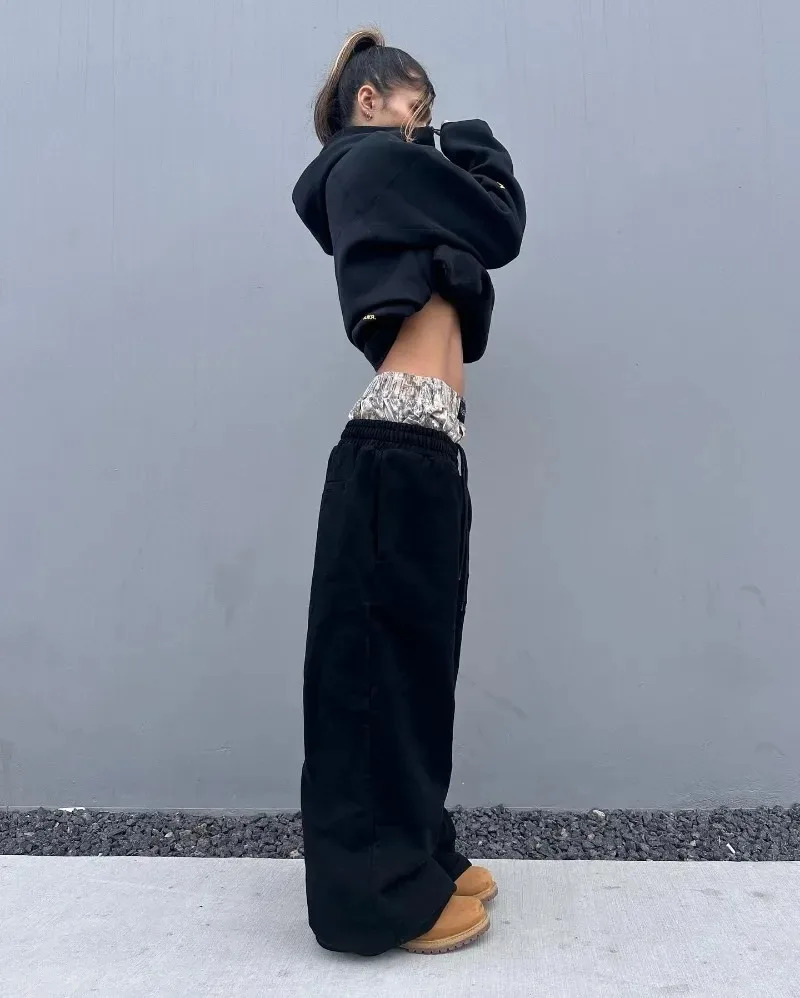 Y2K Harajuku Camouflage Pants Double Waist High Quality Sweater Hip Hop Street High Waist Wide Leg Pants 240930