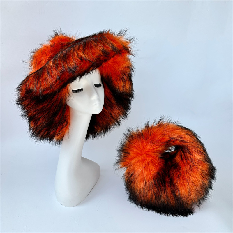 New foreign trade imitation raccoon fur basin hat warm ball bag set imitation fur fur hat bag set Shoulder Bags Winter plush CUD2410112F5