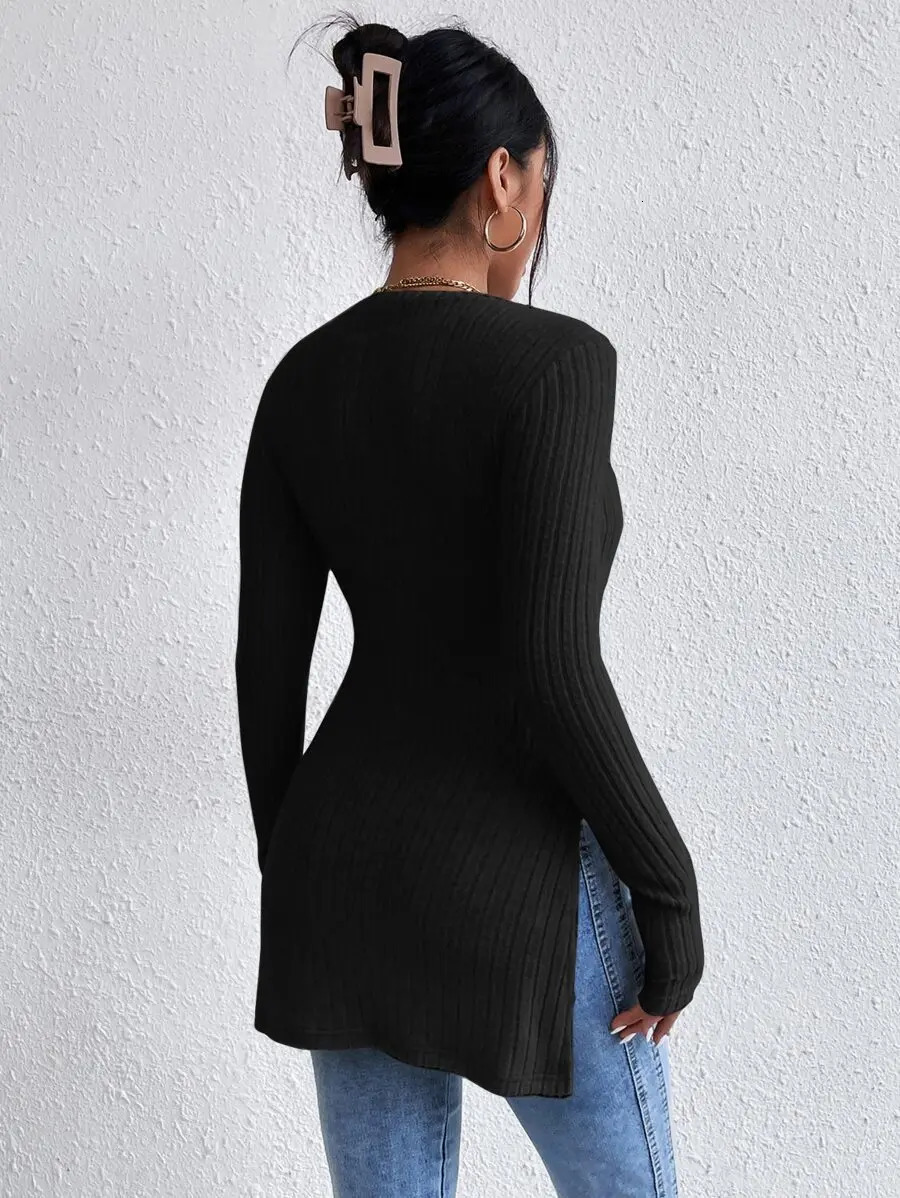 Slim Slit Long Sleeve T-shrit Autumn Winter High Quality Solid Color Basic Sweater Lady Elegant Warm Korean Knitwear 2024 Trend 241011