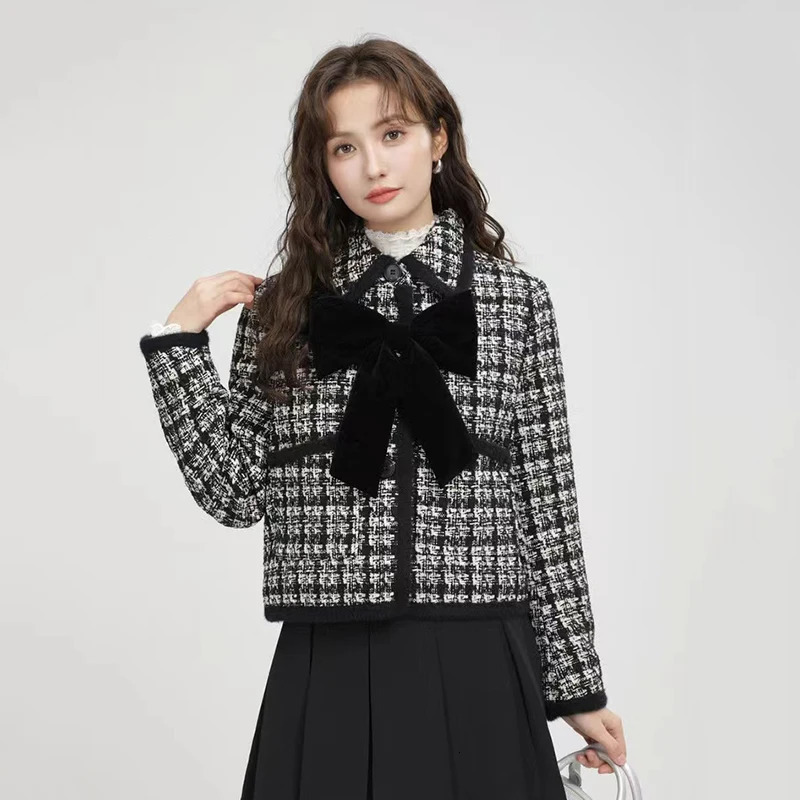 Vintage bow tweed jacket womens autumn Korean elegant single chest lapel jacket Y2K womens winter thick warm crop jacket 240930