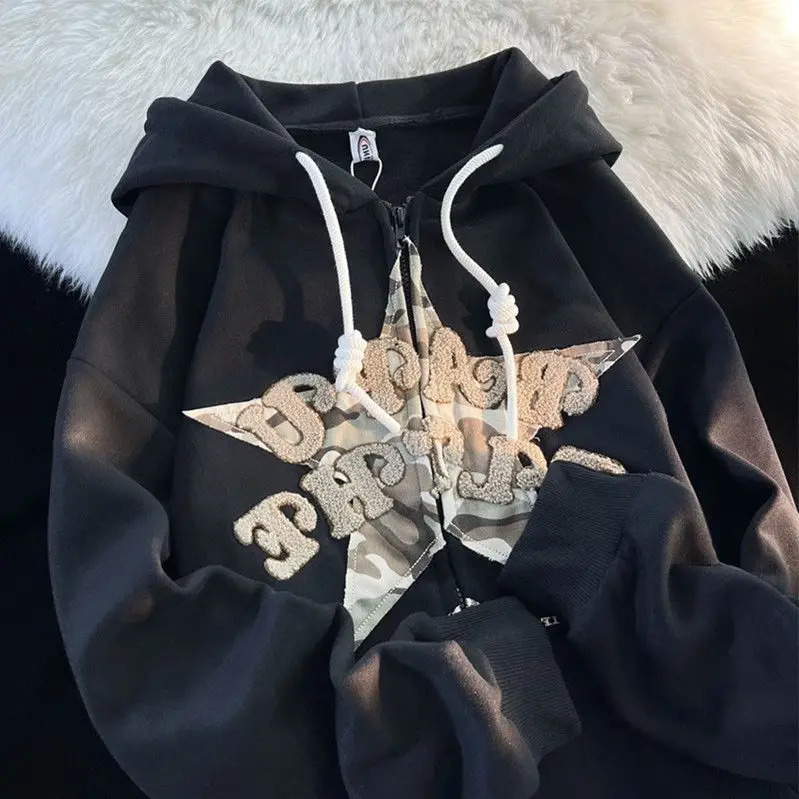 American flocking patch star hoodie womens Y2K street hip-hop loose sportswear couple casual zipper hoodie cardigan unisex jacket 241011