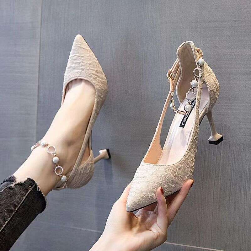 Women high heel shoes dress shoes women leather two colours cusp 5-8cm heels beautiful elegant casual shoes pearl chain trim
