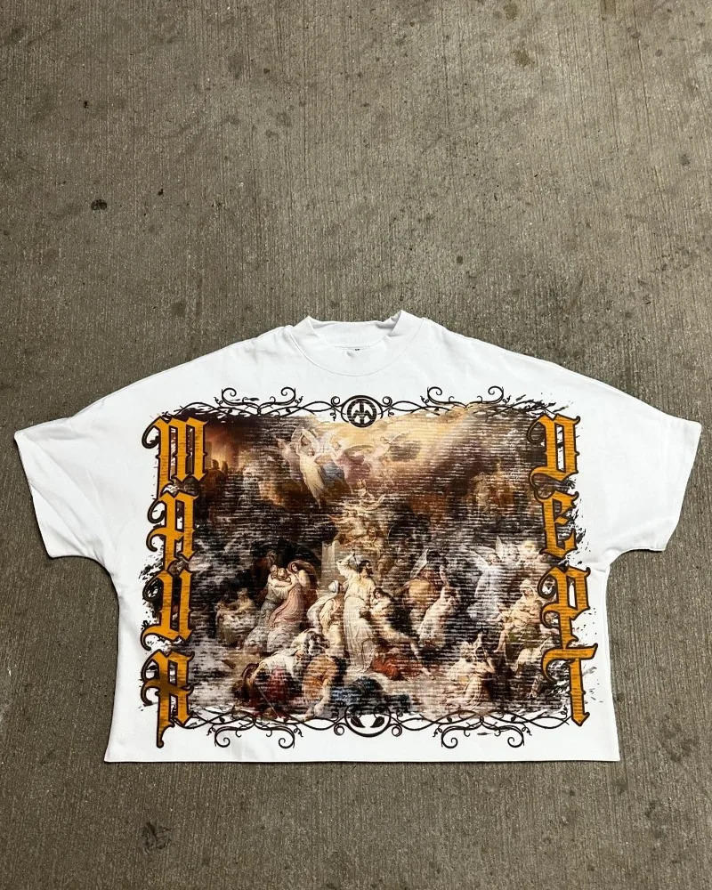 Geometric high street pattern printing oversized Oneck graphic Tshirt mens y2k clothing 2000 American hiphop bag sports top 241011