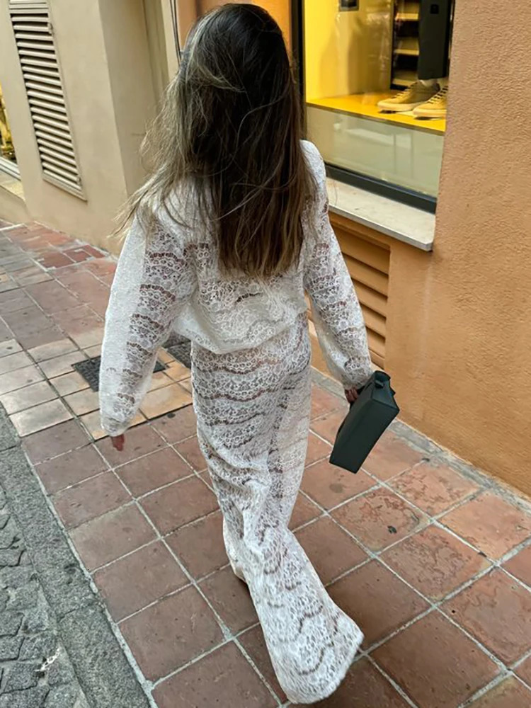 sexy deep See Through Lace Two Piece Sets womens long sleeved pants autumn solid cologant set