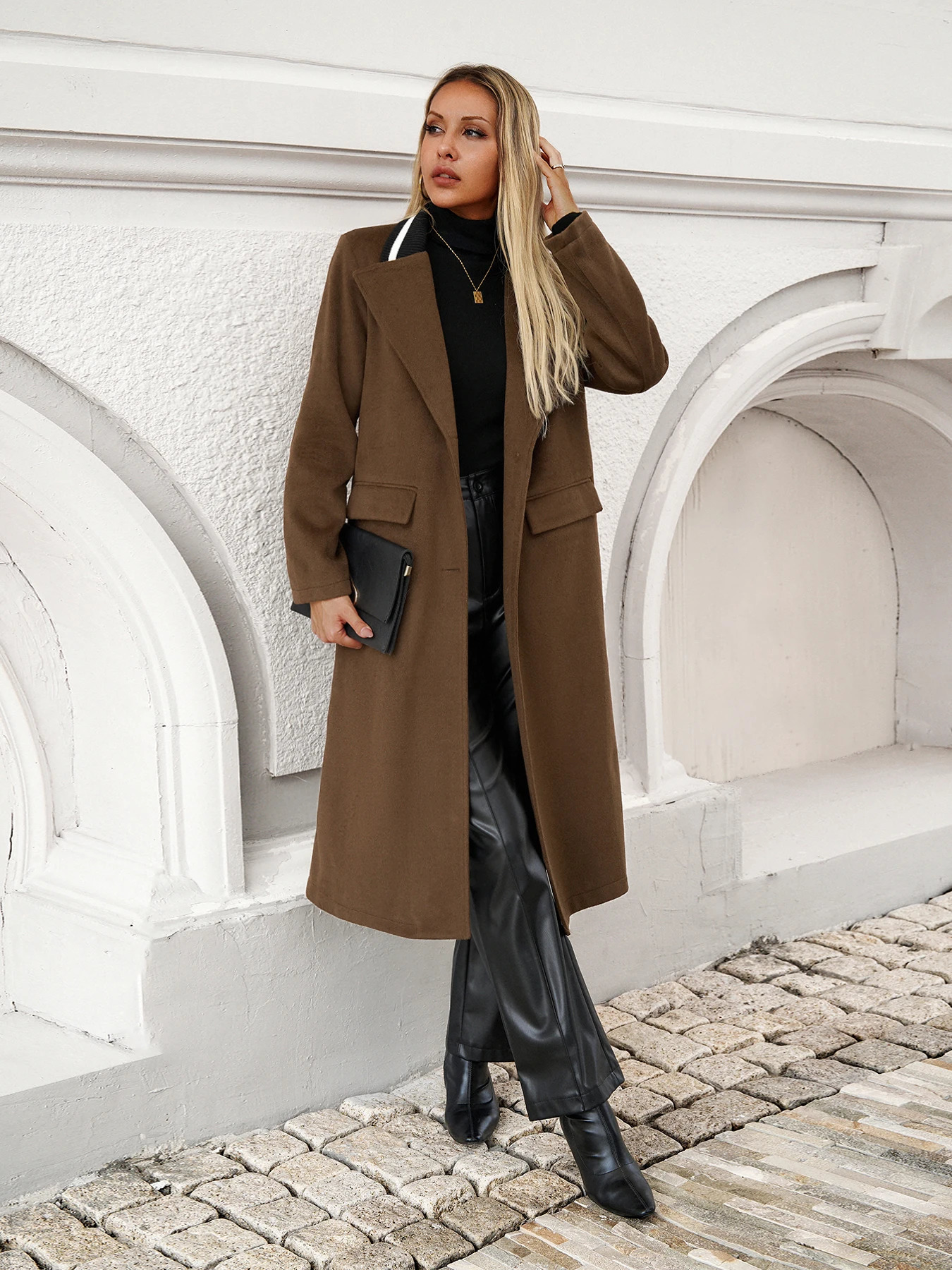 Winter Long Woolen Coat for Women Trendy Pocket n Fashionable Solid Color Female Clothes Casual 240930