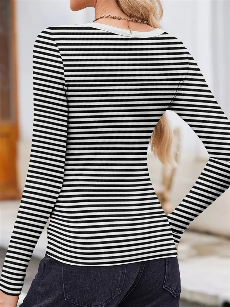 GuliriFei Women Striped Print T-shirts Crop Tops Long Sleeve Round Neck Low Cut Slim Fit Basic Tees Shirts Spring Fall Blouses 241011