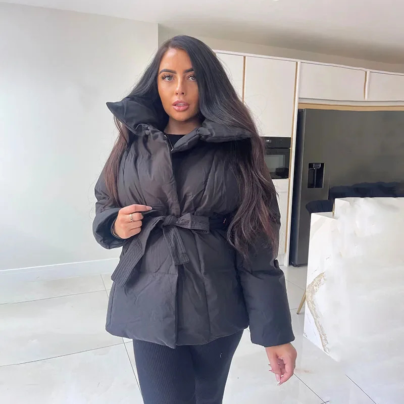 Fandy Lokar Winter Stand Collar Parka Fashion Tie Waist Short Coat Elegant Solid Puffer Jackets Female Ladies 241009