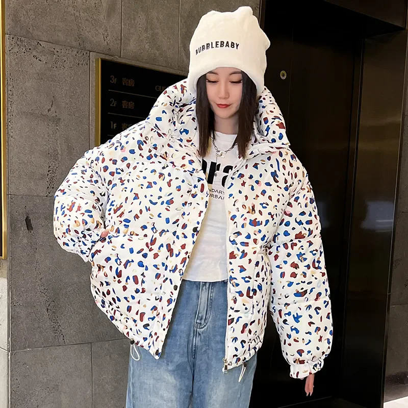 Down Cotton Coat Womens 2024 Winter Jacket Short Loose Padded Coats Printing Hooded Allmatch Fashion Korean Bread Jackets 240930