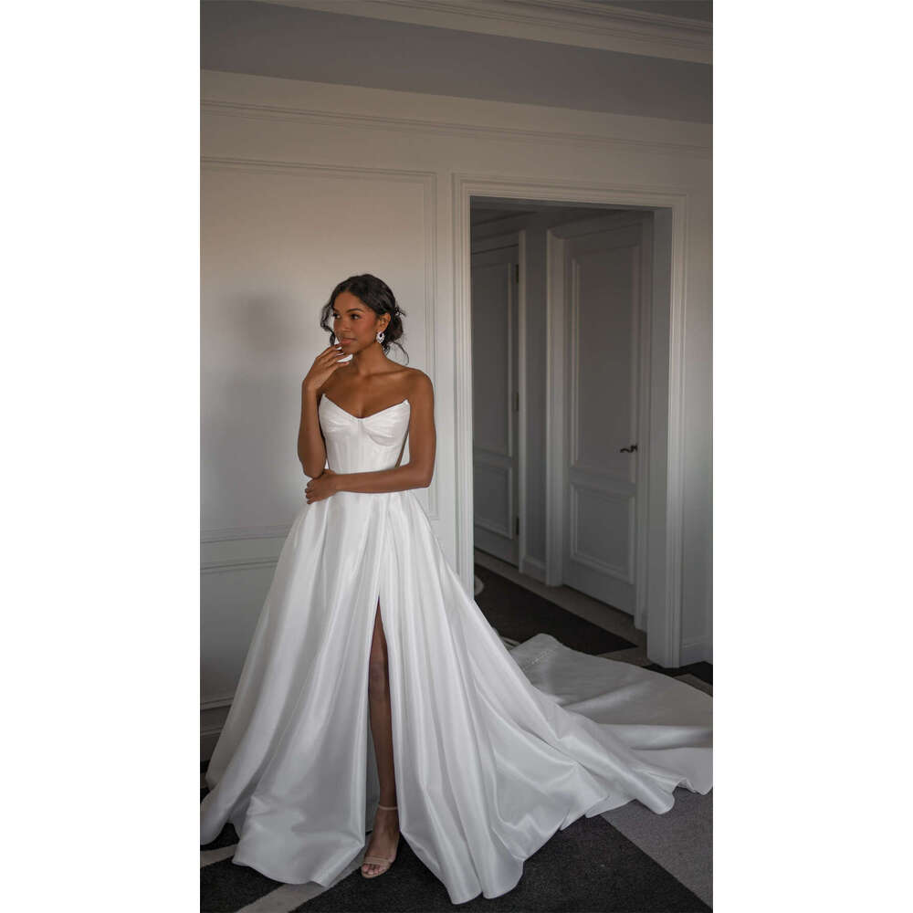 FIDDY898 Strapless Sleeveless Wedding Dresses High Quality Satin Fabric with Buttons Sweetheart Leg Split Bridal Dress C137